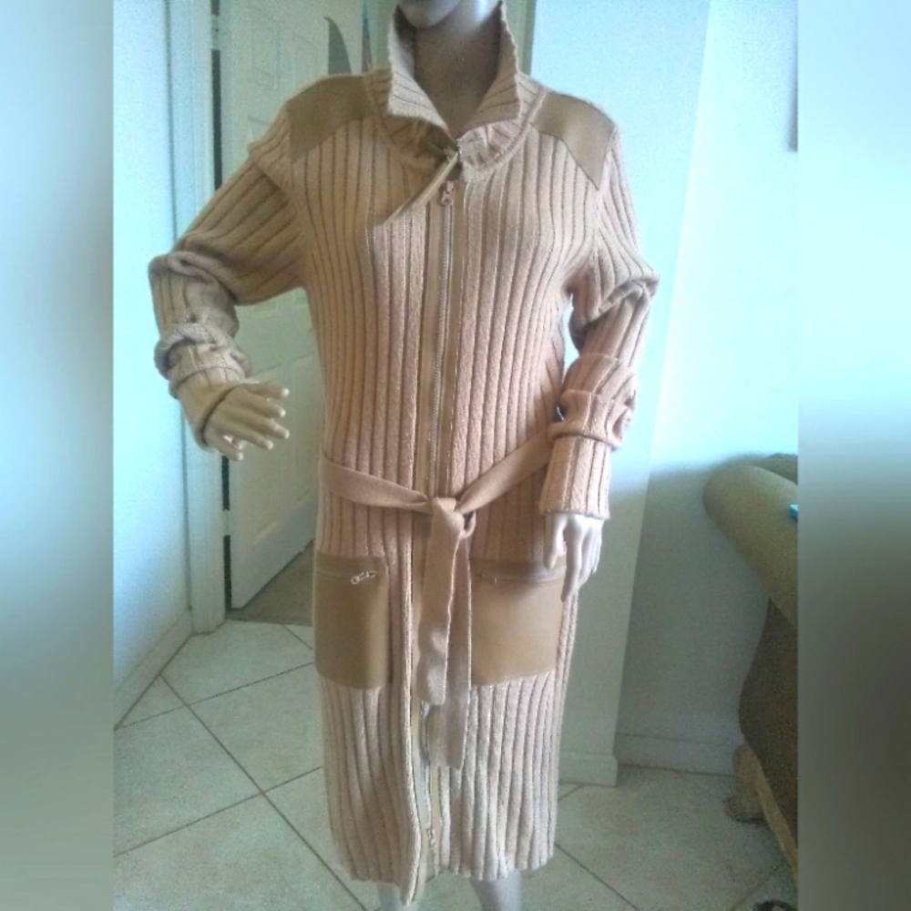 BNWOT VINTAGE LONG SWEATER JACKET W/ LEATHER & BELT 2 WAY NECK STYLE BY FRENCHIE